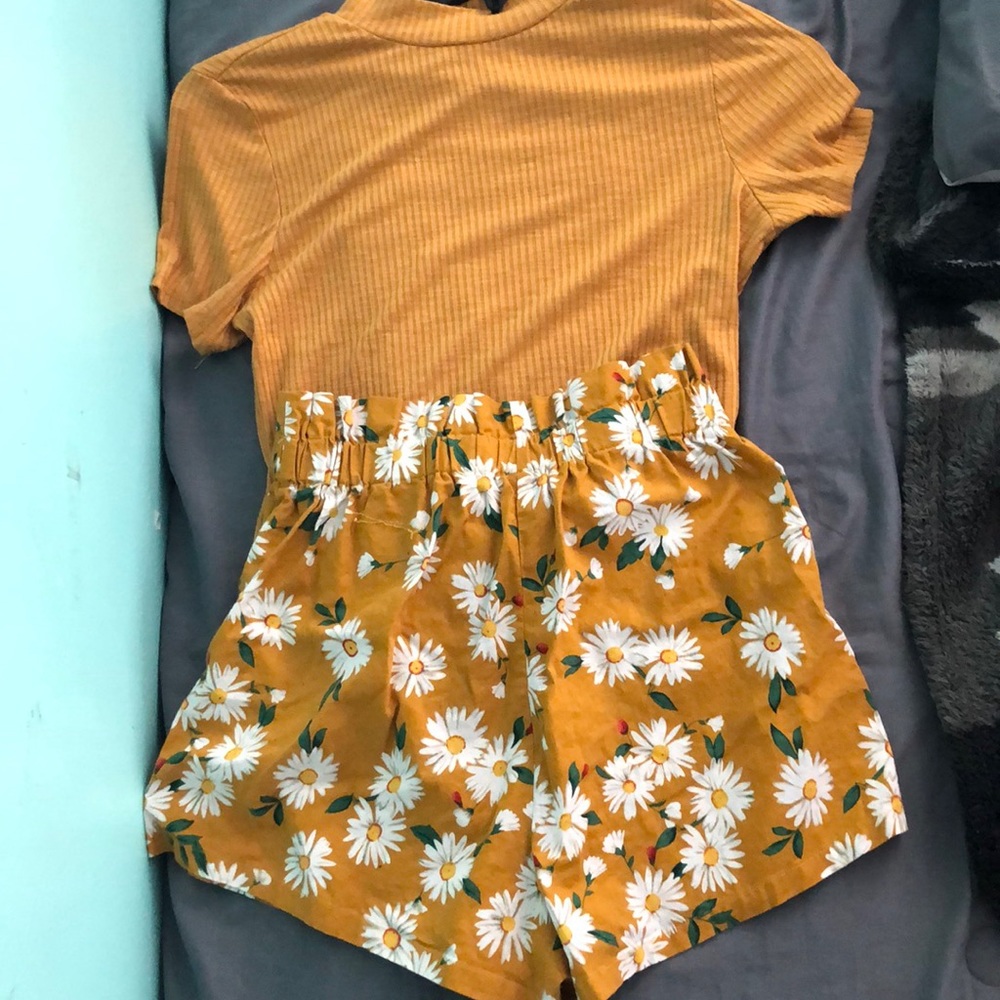 Mustard yellow top with floral yellow bottoms